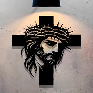 Elegant and minimalist metal wall decorations, about the Jesus Christ with crown of thorns on cross theme, suitable for home, office, and living room decorations, and the perfect gift for Halloween, Christmas, and other holidays.