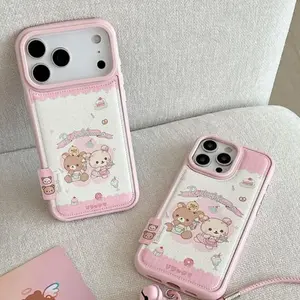 Korean Ins Kawaii Pink R-Rilakkuma Grid Phone Case For iPhone 17 16 15 14 13 12 11 Pro Max 14 15 16 17Air Plus Sweet Y2K Cover