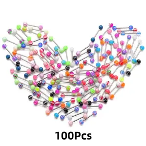 100Pcs Assorted Color Tongue Rings Set, Double Ball Acrylic Piercing Jewelry, Daily Wear Stainless Steel Straight Bar Tongue Studs