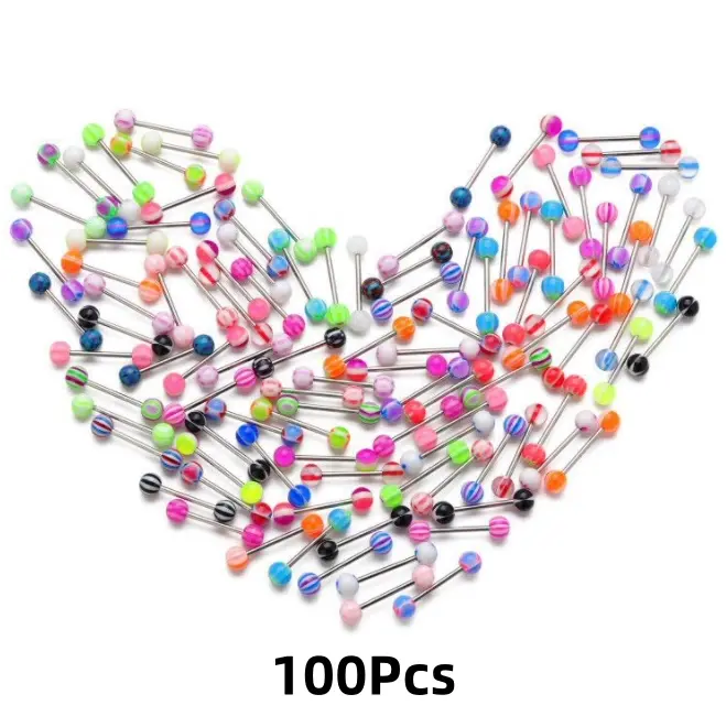 100-Piece Assorted Color Tonguering Set, Stainless Steel & Acrylic Body Jewelry for Streetwear, Low Maintenance with Easy Cleaning, Hypoallergenic Piercing Jewelry