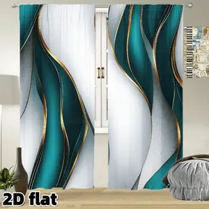 2D Flat 2Pcs Luxury Abstract Wave Pattern Curtains Emerald Green Gold Lines Design Semi Sheer Polyester Rod Pocket Drapes Modern Art Style Window Treatment for Living Room Bedroom Hotel Office Dining Home Decor Privacy Protection