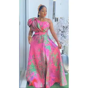 Classy Pink One Shoulder Brocade A-Line Dress with Slit & Pockets for Wedding Guest Mother of The Bride Photoshoot Birthday Cocktail Dinner Celebrant Worthy Gala Anniversary Engagement Ceremony Turkey Party Dresses for Women Plus Size Gold Black Blue