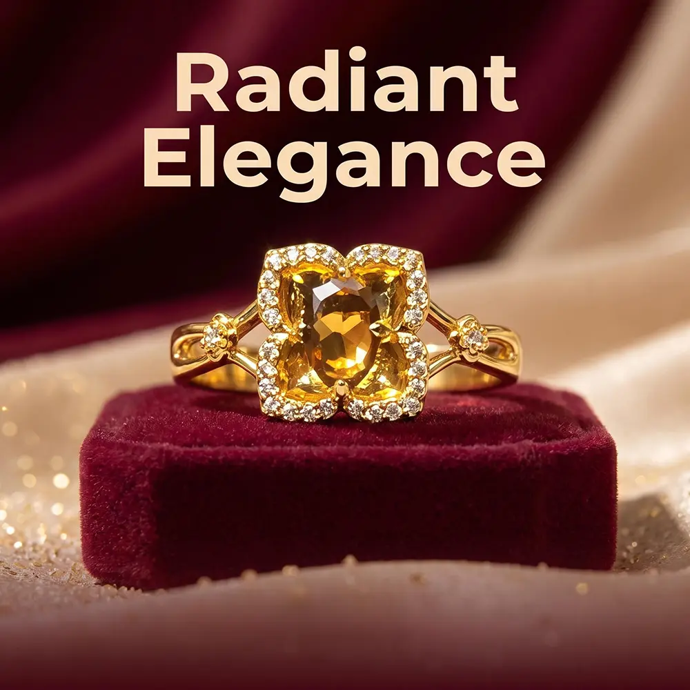 Women's Elegant Citrine Halo Ring - Costume Fine Jewelry, Eye-Catching Style for Cocktail Parties, Ideal Gift for Birthdays or Anniversaries