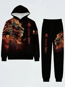 men's 2 piece sets Men's Novelty 3D Lion Pattern Printed Long Sleeve Zipper Hoodie - With Drawstring and Pocket, Casual Outdoor Clothing | Sports Style Hoodie | High Quality Men's Sportswear, Festivals, Halloween, Christmas, Gifts fathersdaygift
