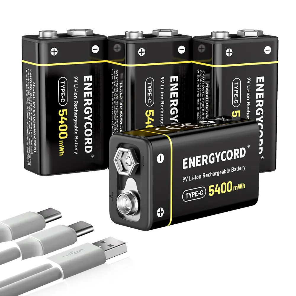 ENERGYCORD Secondary (Rechargeable) 9V Electronic Lithium Batteries (4-Pack, 5400mWh) - USB-C Fast Charge with 2-in-1 Charging Cable, Explosion-Proof, Leak-Proof for Smoke Alarms, Multimeters