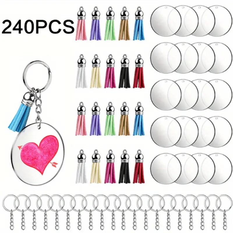 240-Pcs Durable Sublimation Heat Transfer Fabric Keychain Set with 60 Keychains, 60 Jump Rings, Split Rings, Random-Color Tassels, Round Plates, Double-Sided Fade-Resistant Custom Print, High Hardness for DIY Jewelry, Birthday Gift Ideas