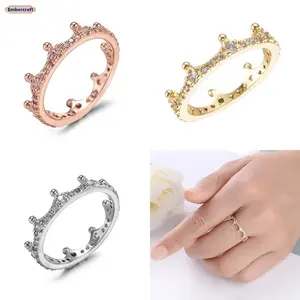 Women's Platinum-Plated Lead-Free Crown Shape CZ Ring, Adjustable Size Aesthetic Tiara Ring, Sparkly Dainty Gem Costume Jewelry, Party Ready for Daily Outfits & Gifting