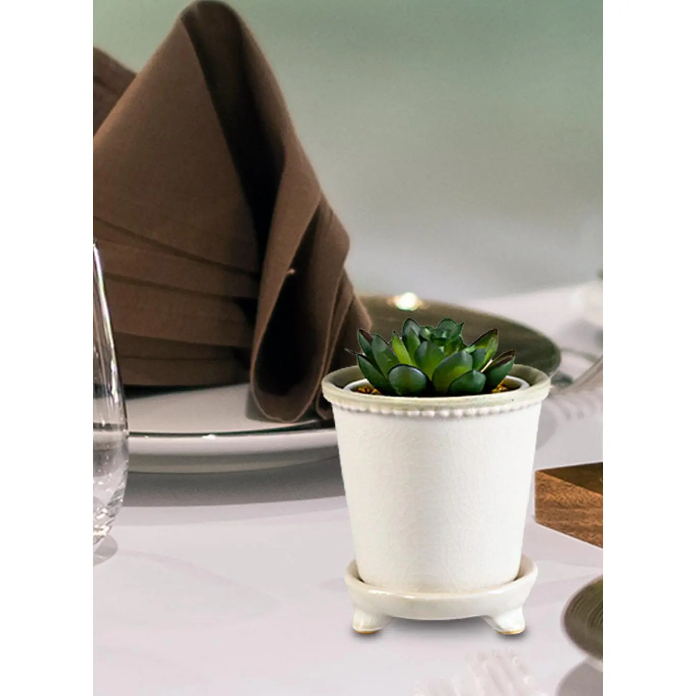 Mini Ceramic Pot & Saucer, 3" D x 3.5" T