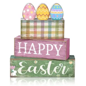 4 Pcs Easter Table Decoration Wooden Eggs Happy Easter Day Tiered Tray Decor Eggs Centerpieces Decorative Colorful Egg Block Signs Gift Farmhouse for Holy Week Home Kitchen Party Decor Ornaments