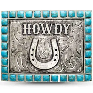 Howdy Belt Buckle | German Silver Base With Hand Engraving | Squared Turquoise Stones Embedded in the Edge | Horseshoe Logo