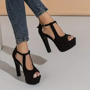 Women's Peep Toe Block Whole Sandals, Sexy Cutout Buckle Strap Pumps, Fashion Platform Heels