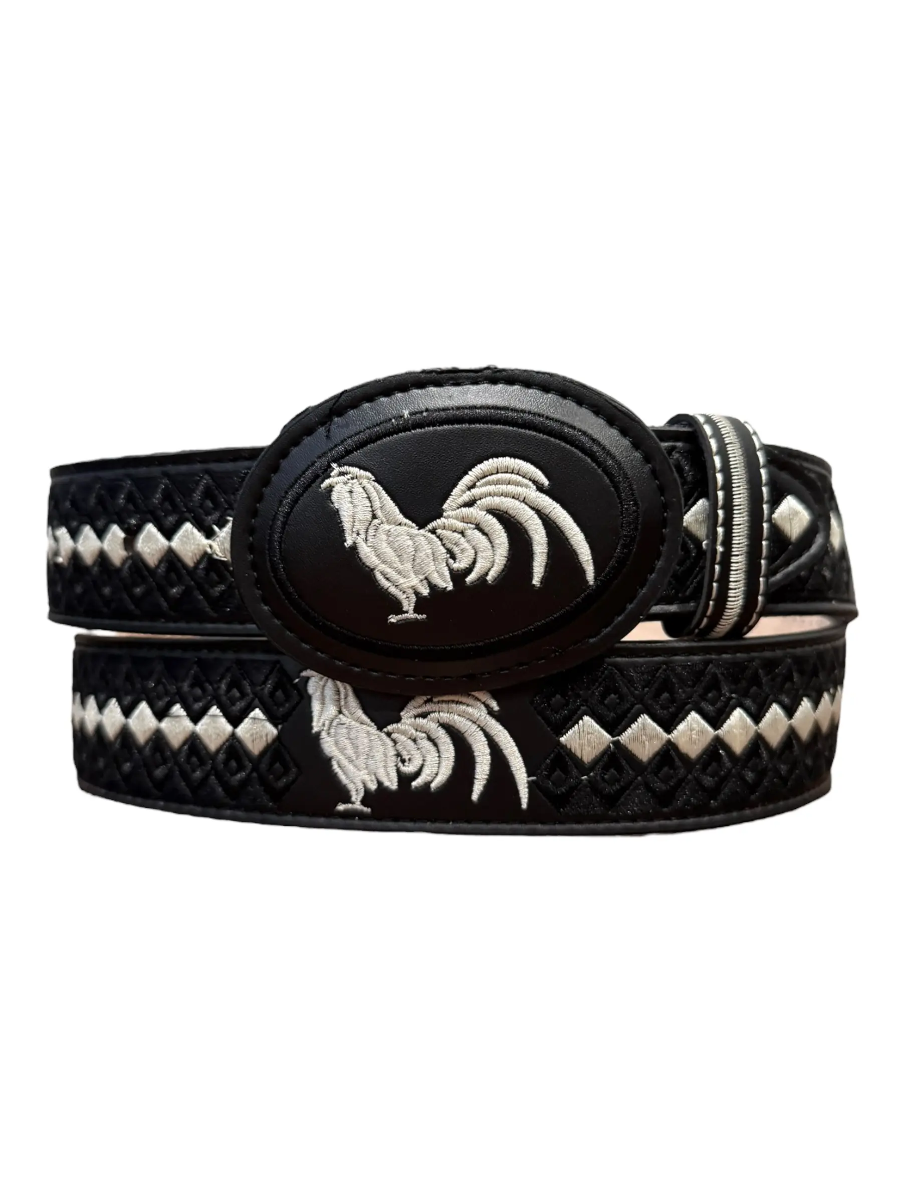 Size 42 Black Western Style Embroidered Rooster Leather Belt Cinto Vaquero Negro Bordado de Piel con Gallo
