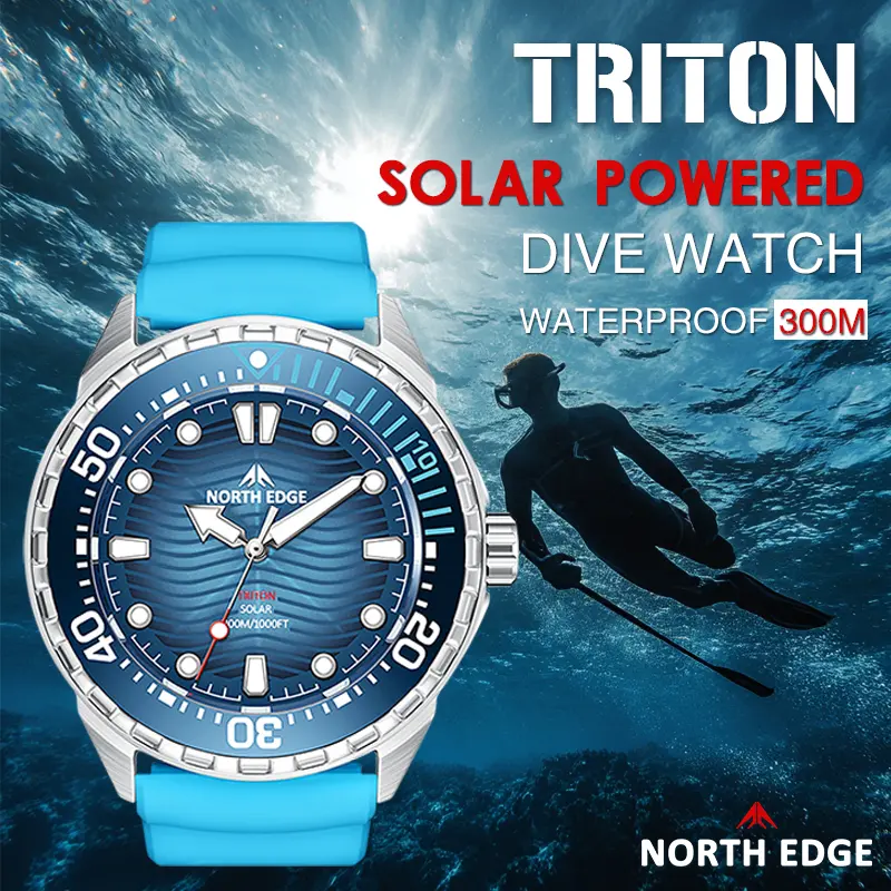 North Edge Triton Men's Luxury Diver Watch, Modern Stainless Steel Wristwatch with a Round Dial and Mineral Glass, Solar Powered and 300M Waterproof, 51Mm, Analog, Men's Watches, Watches