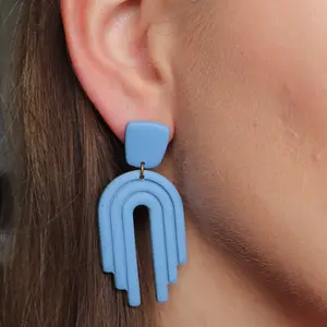 Blue Rainbow Dangle - Surgical Steel Posts Plated in 14K Gold Nickel Free & Hypoallergenic - Handmade Polymer Clay Earrings - Lightweight & Durable