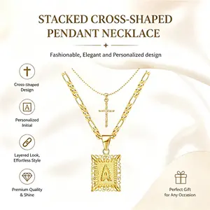 Letter A & Cross Pendant Necklace Set, Stackable Necklace, Dainty Layered Necklace, Daily Wear Gift