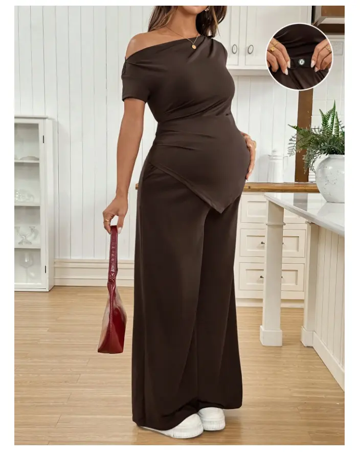 2pcs Maternity Set: Solid Color Asymmetric Ruched Hem T-Shirt And Adjustable Waist Casual Pants