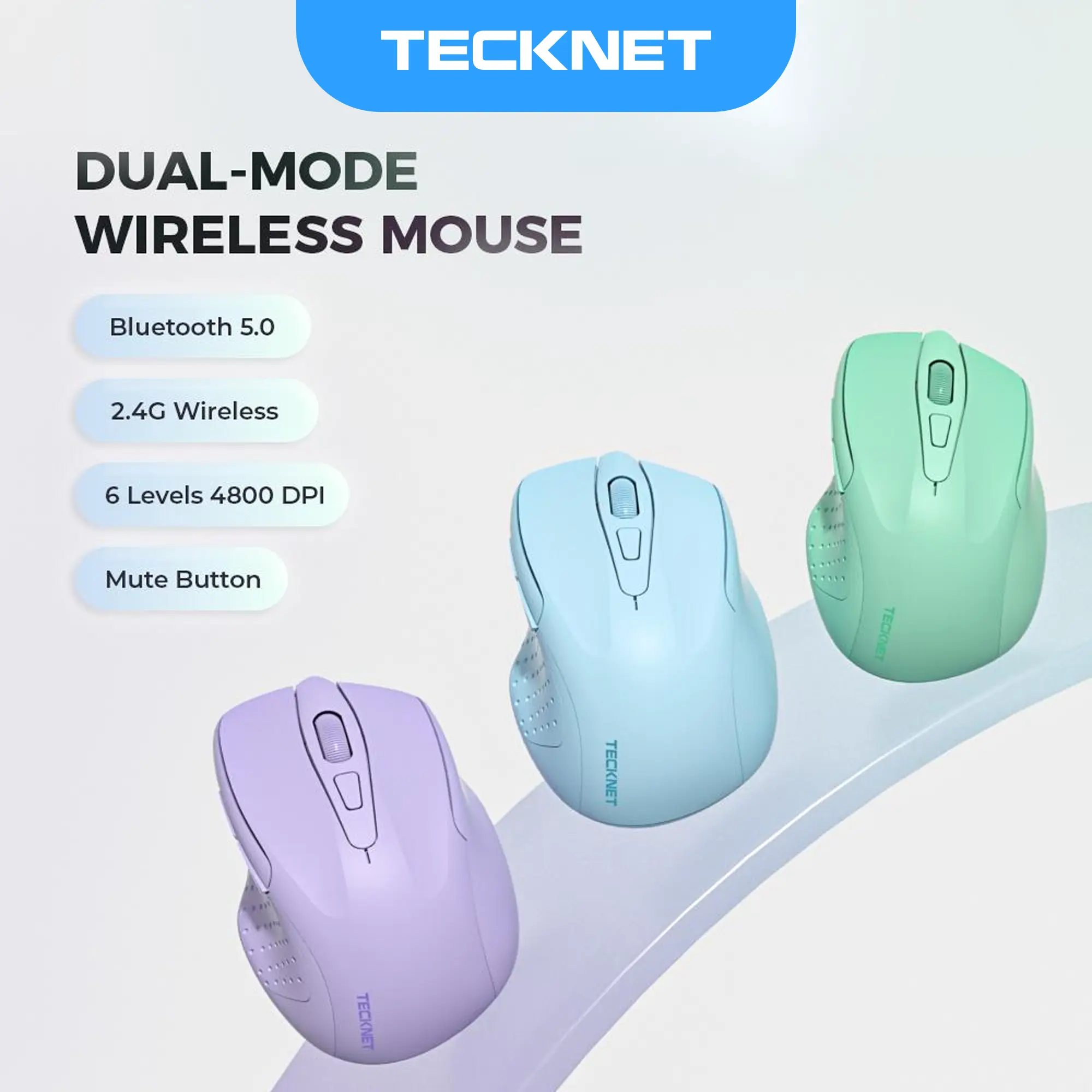 TECKNET Rechargeable Wireless Computer Mouse - Dual-Mode BT5.0/3.0 & 2.4G Controller, 4800 DPI Silent 6-Button Click Mouse, USB Bluetooth Adapter Transmitter Included, Wide Compatibility for Laptops & Desktops