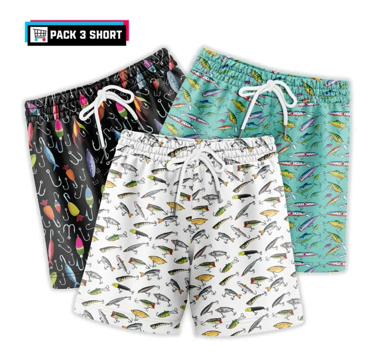 [Youth and Adult] Pack 3 Fishing Shorts for Mens, Realistic Fishing Athletic Shorts, Matching Short for Dad Husband and Son, Summer Outfit for Mens, Menswear, Gift Short for Mens Husband Dad