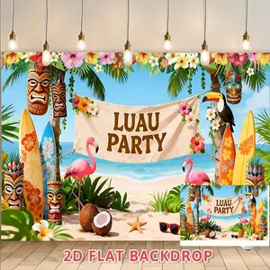 1PC,2D Flat Backdrop Hawaiian Luau Party Backdrop Summer Beach Flamingo Surfboard Scene Decoration Background Banner For Birthday Festival Outdoor Photography Party Decor
