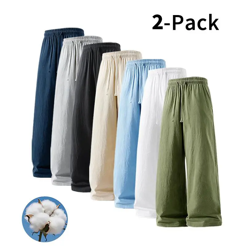 2 Pack Ultra Soft Linen Cotton Pants Loose Fit, Non See Through Pants for Everyday & Work