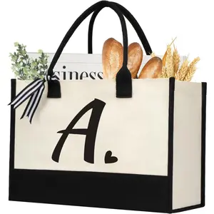 Initial Canvas Tote Bag, Personalized Beach Jute Bag Present for Women Holiday, Friends Birthday Gift, Wedding, New Year
