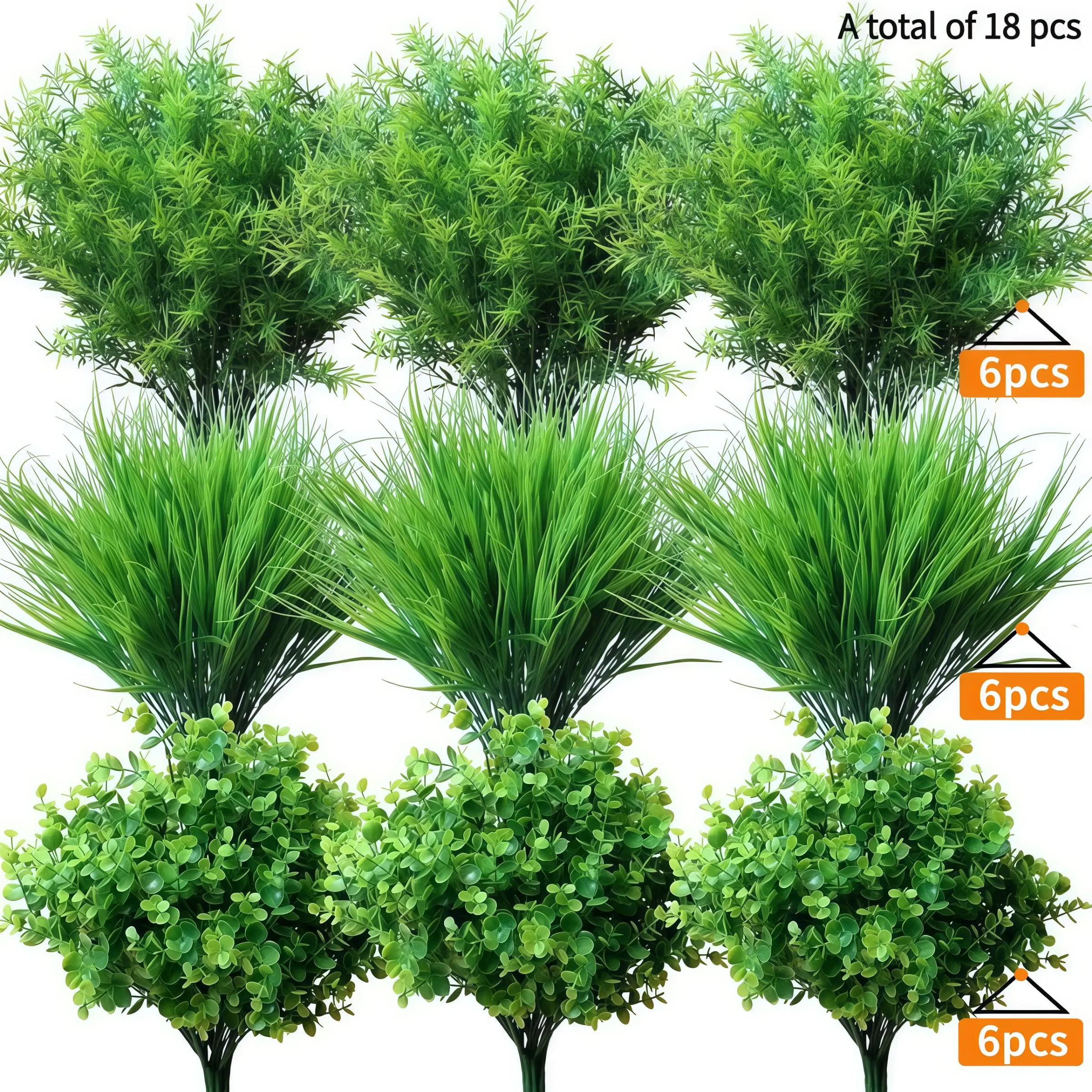 18 Pcs Artificial Plants Greenery Stems, Decorative Stems, Fake Greenery Plants, 3 Types Faux Eucalyptus Set Grass Shrubs, UV Resistant Faux Greenery for Outdoor Indoor Home Garden Farmhouse Wedding Party Table Centerpieces DIY Decoration