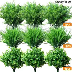 18 Pcs No Fade Artificial Plants Greenery Stems, 3 Types Realistic Faux Eucalyptus Set Grass Shrubs, Simulation Bush Plant, UV Resistant Faux Greenery for Outdoor Indoor Home Garden Farmhouse Wedding Party Table Centerpieces DIY Decoration