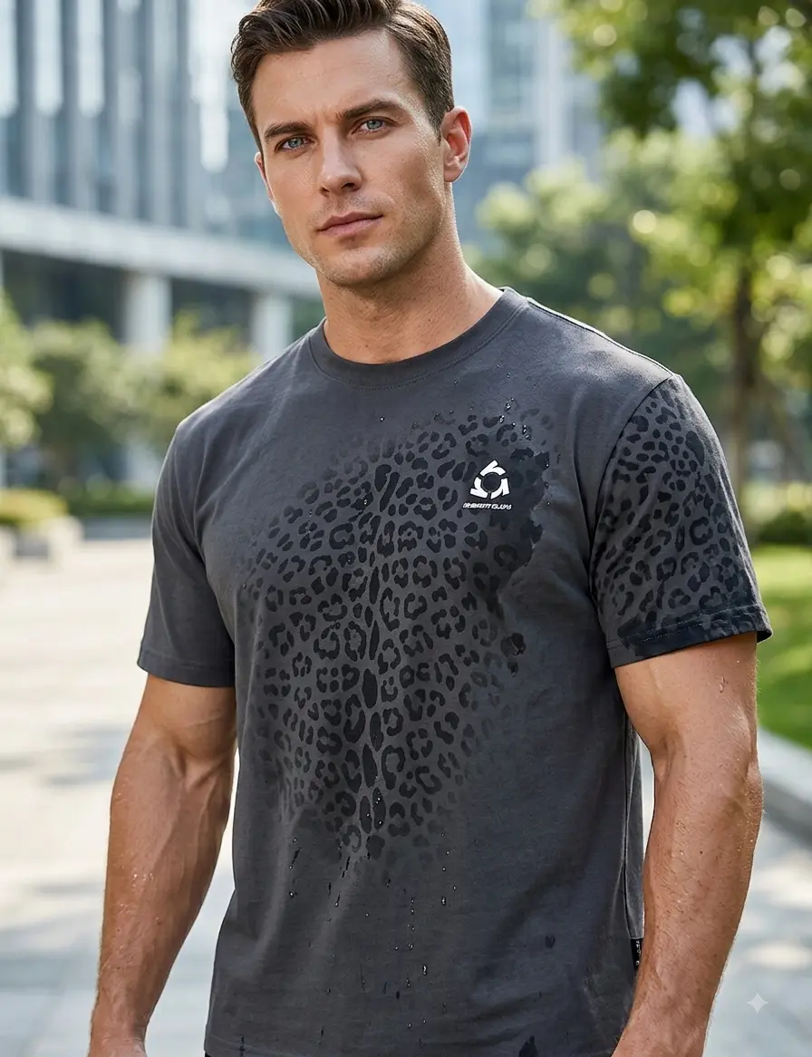 Matching outfits for couples Magic Leopard Reveal Gym Tee. Luminous – glows in the dark- Men's Sweat-Activated Athletic Shirt.Water-Activated Leopard Print Gym T-Shirt for Men - Sweat Reveal Athletic Fit Dry & Wet Performance Tee