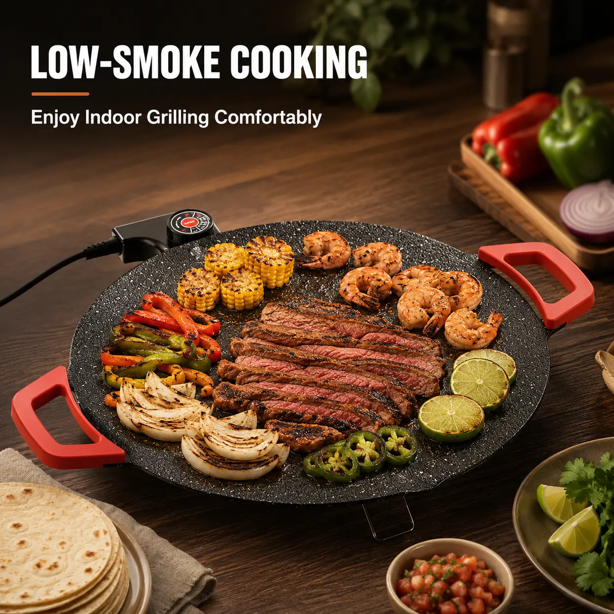 Adjustable Temperature Electric Skillet Pan，indoor grill, korean bbq grill, portable electric comal, nonstick griddle, electric grill indoor, flat skillet, round griddle, pancake griddle electric, plancha para cocinar cast iron pan