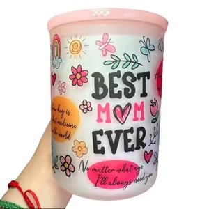 *English* Best Mom Ever 17oz Frosted Glass Mug With Pink Lid and Reusable Straw