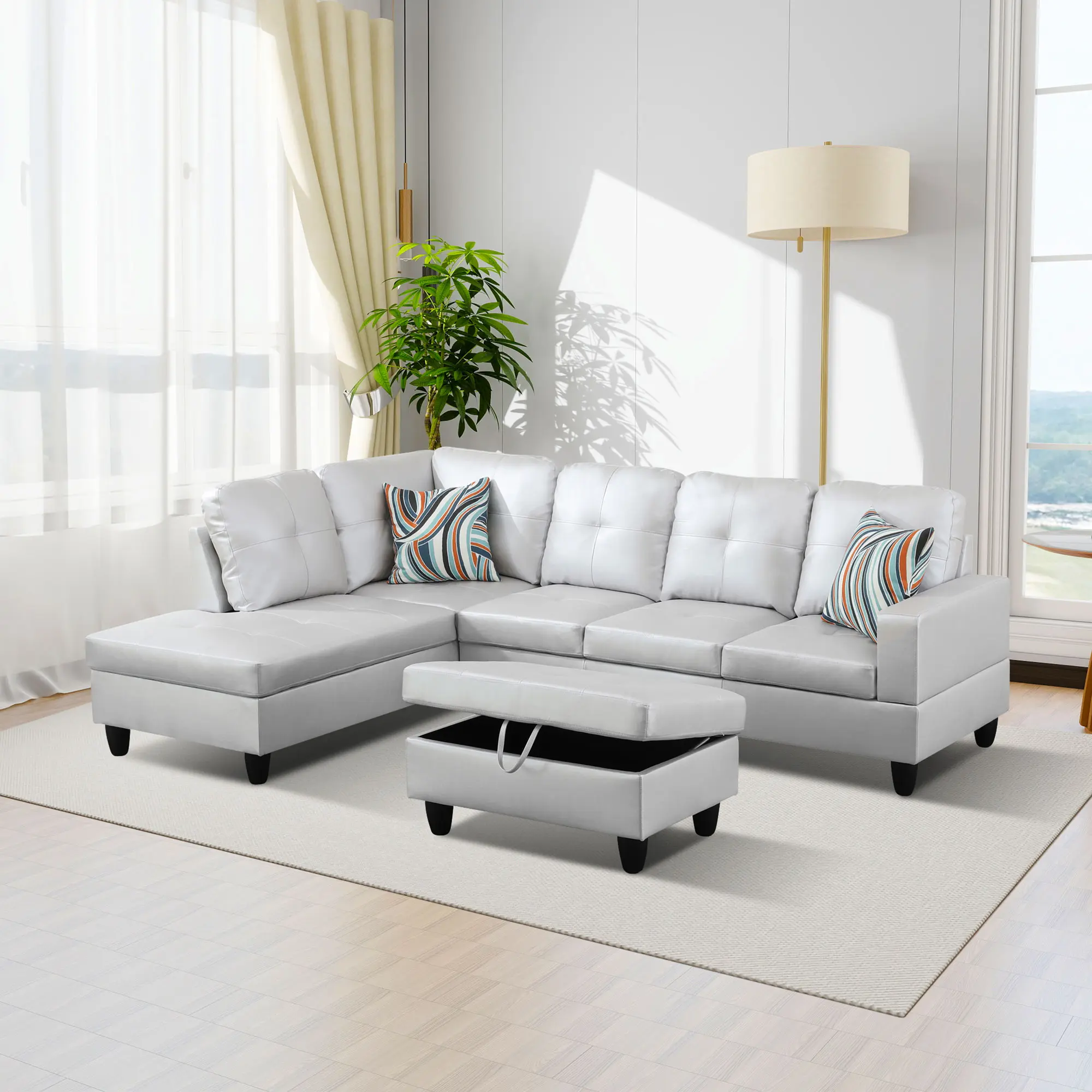 Modern Silver Grey Semi PU Leather 3-Piece Sofa Set, smooth skin-friendly synthetic leather surface, high resilience soft cushion, elegant neutral color, all-match living room furnishing for apartment and family house