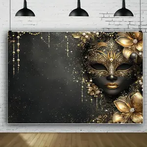 Elegant Black & Golden Mask Theme Party Backdrop - Versatile Polyester Decor for Weddings, Birthdays, Masquerade Balls & More - Photo Booth Ready, 99.06x149.86cm to 179.83x229.87cm Sizes Avail