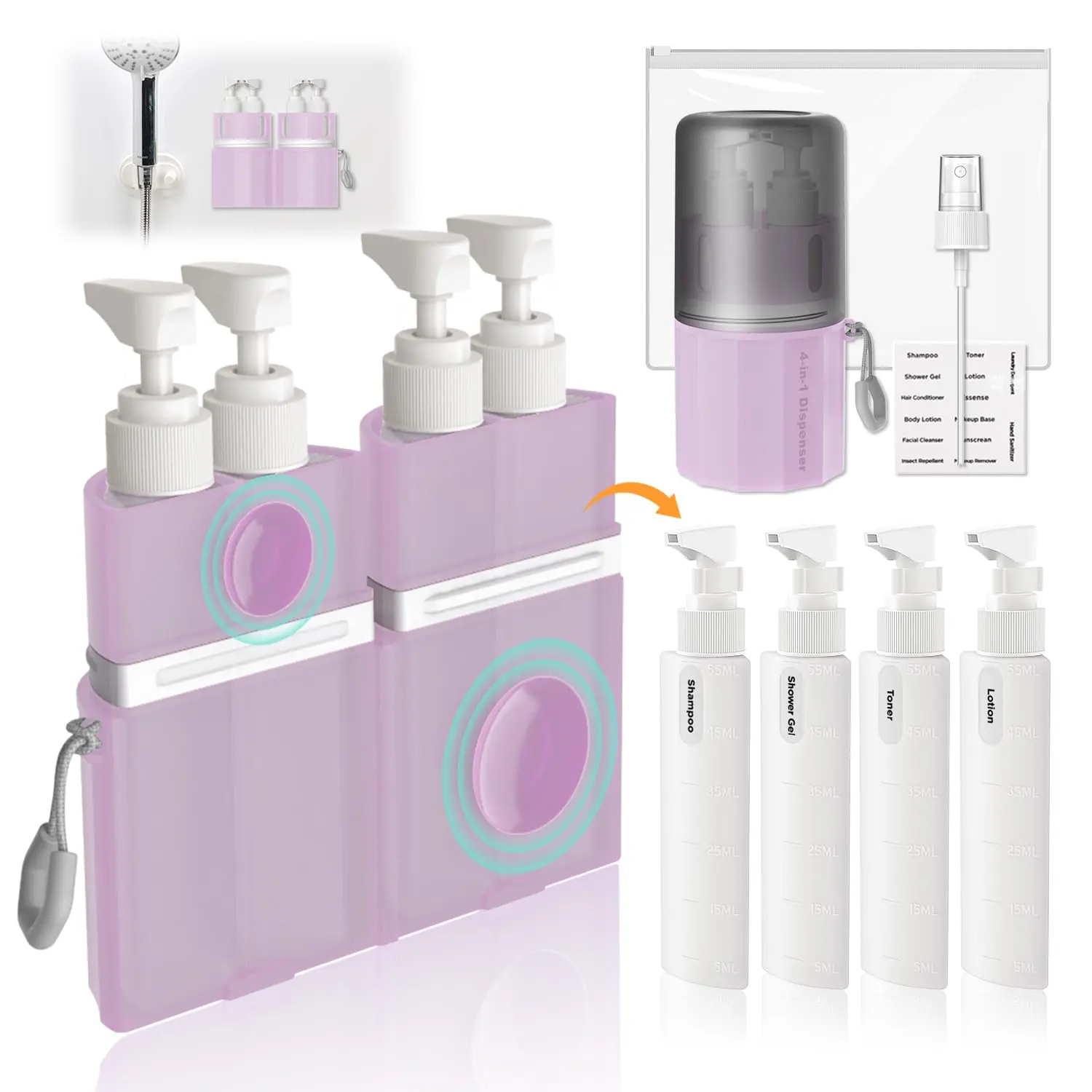 4-in-1 Travel Dispenser Bottle Container Set, TSA-Approved Wall-Mount Suction Cup Storage Kit with 4x55ml Refillable Pump Bottles for Lotion, Pink Transparent with Leak-Proof Buckle