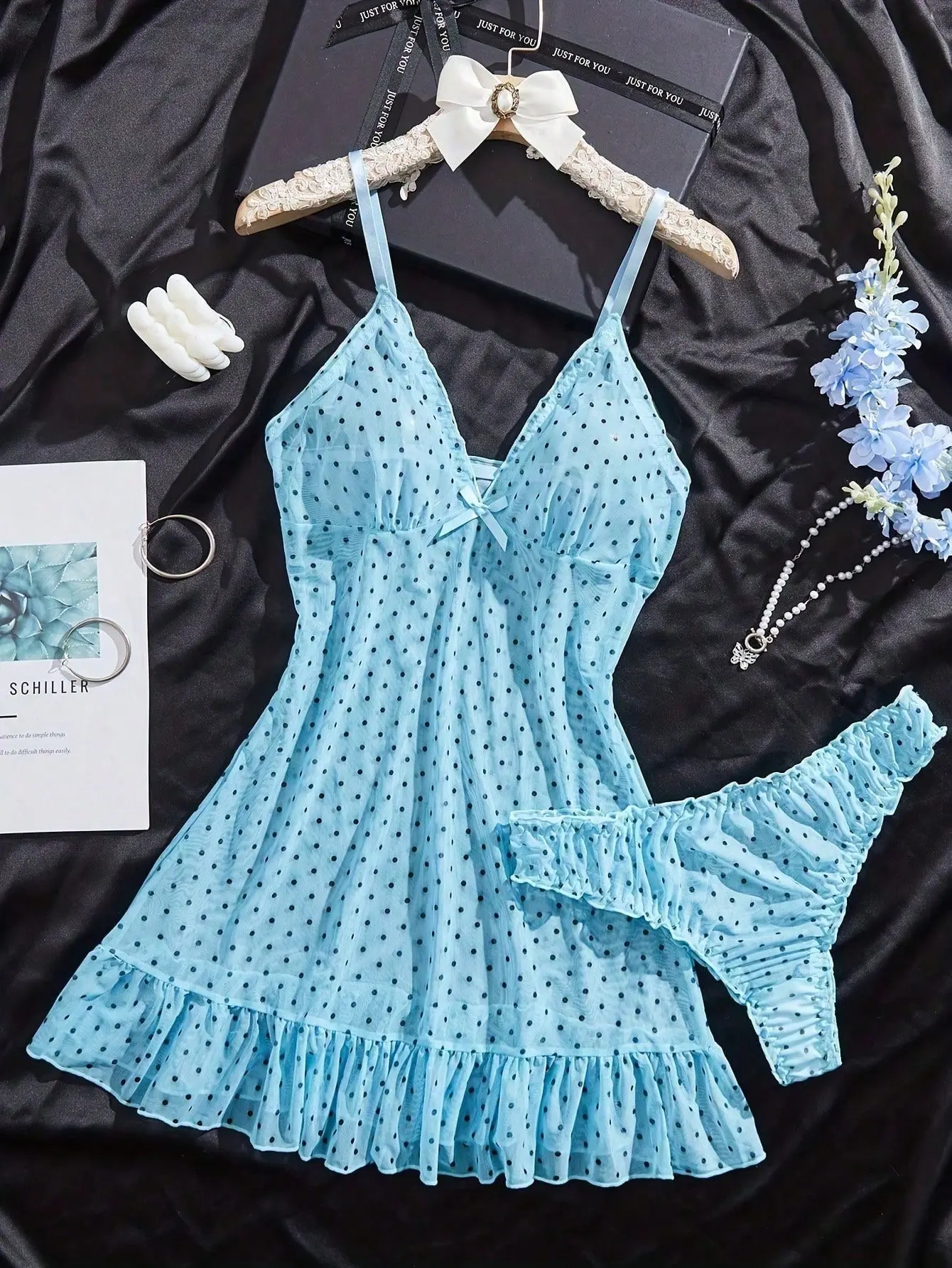 Women's Fitted Lady's Polka Dot Lace Nightgown - V-Neck, Sexy Sheer Slip, Ruffled Sweet Hem Nightwear Loungewear (Includes Panties)