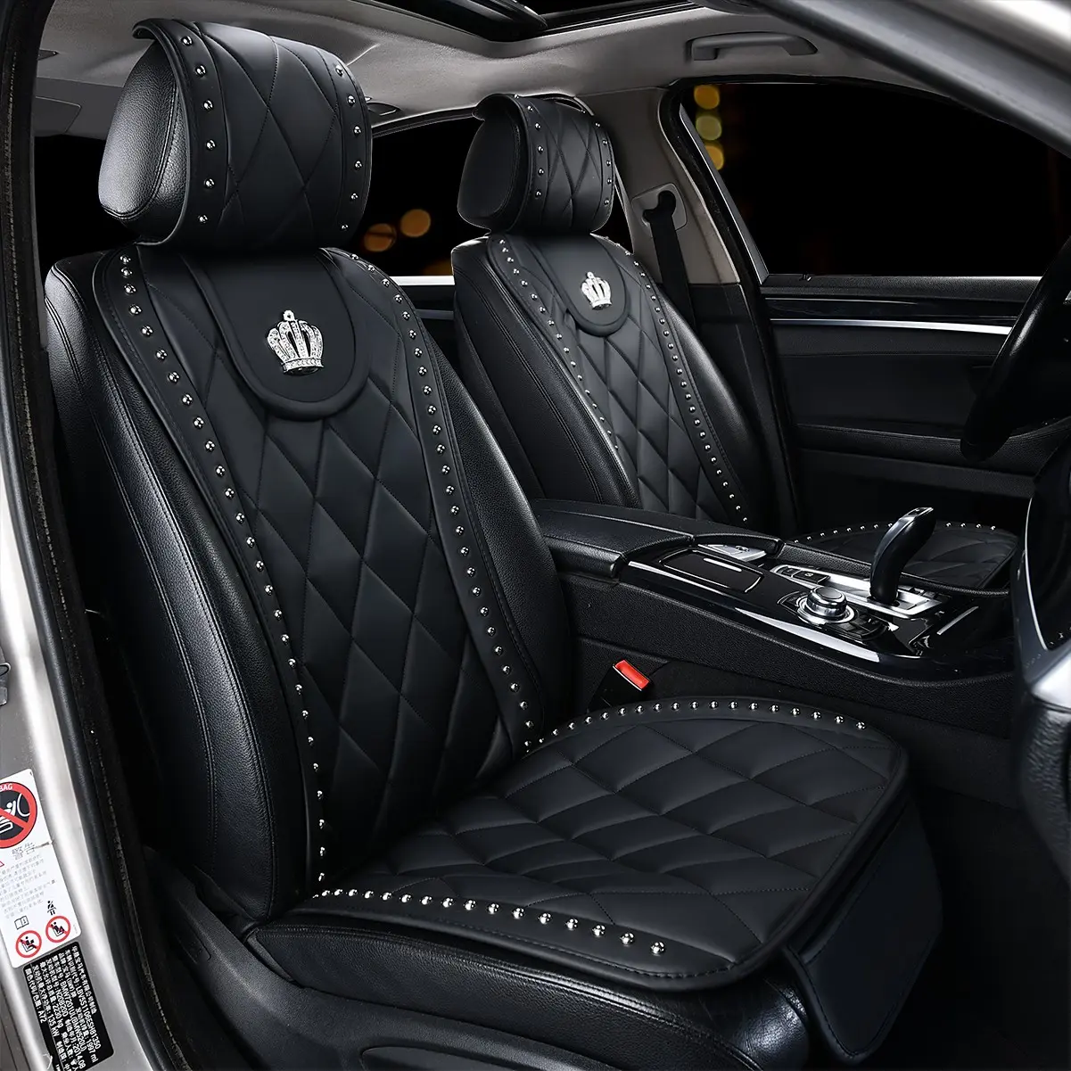 Car Seat Cover All Seasons, Durable High-Quality PU Leather, Breathable Car Seat Cushion, Sparkly Rhinestones Queen Crown Rivet Fashion Front Seat Cover, Automotive Seat Covers, Car Seat Covers Front Seats