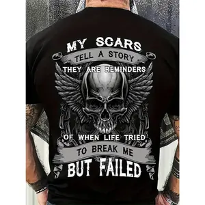 My Scars Tell A Story Skull Wings Print T-Shirt - Men's Motivational Resilience Quote T-Shirt, Casual Crew Neck Short Sleeve Cotton Top, Super Soft and Breathable Streetwear and Gothic Style - Perfect for A Birthday, Anniversary, or Everyday Gift for Him,