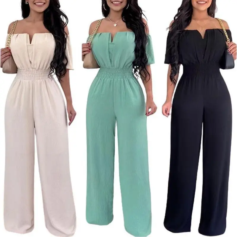 2025 off-Neck Waist Trimming Loose Straight Jumpsuit Women's V-neck All-Matching Work Pants Womenswear Everyday Piece Shortsleeve Casual Overalls Basic Fitted
