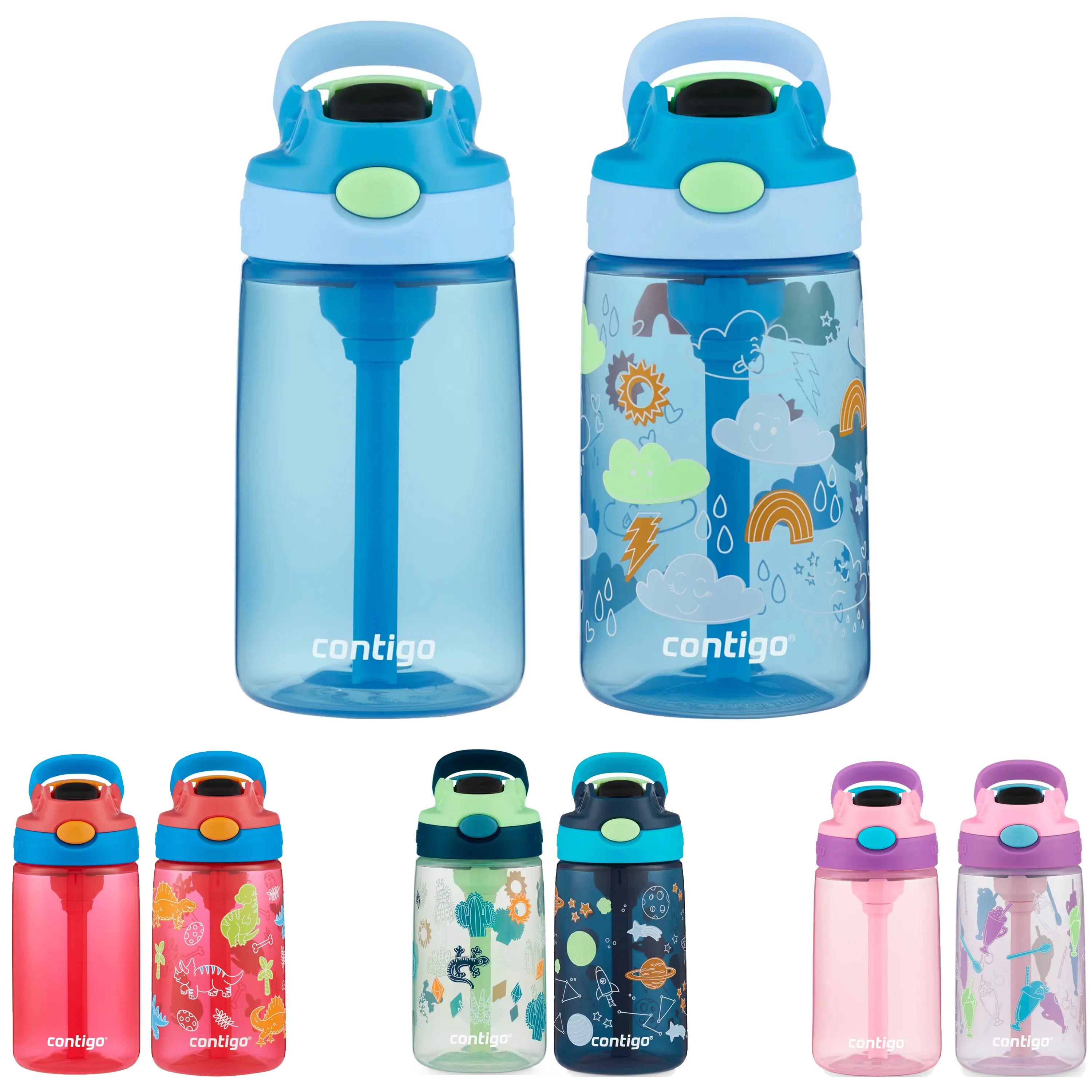 Contigo Kid-Friendly 14oz Plastic Water Bottles, 2-Pack with Redesigned Autospout Straw, Leakproof, Portable, Reusable, Washable Lid and Cover, Leakproof Water Bottle