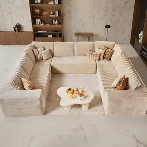 【3 Free Pillows】135 inch U-Shape Modular Sectional Couch Sofa, Compressed Corduroy, Modern Sleeper Sofa for Living Room, Space-Efficient Modular Floor Sofa with Soft Velvet Fabric and Deep Seat SofaConvertible Corduroy Sectional Couch【3 Packages shipping】