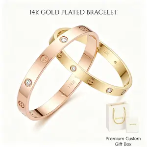 TrendyTok 14K Gold Plated Moissanite Bangle Bracelet Waterproof Non Tarnish Screw Thread Design Minimalist Luxury Unisex Jewelry Valentine's Day Gift with Gift Box