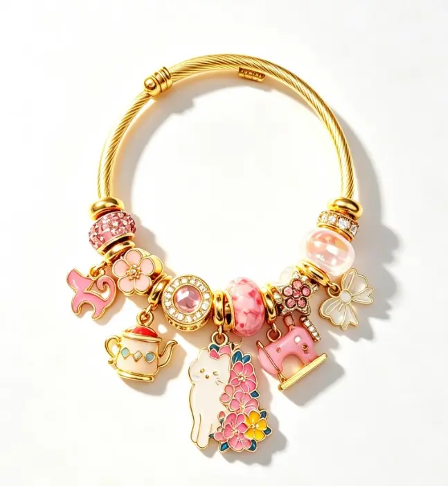Tone Gold Twisted Open Bangle Pink Cat Cherry Blossom Charm Bracelet Cute Teapot Rocking Horse Bow Crystal Bead Women Sweet Girly Jewelry Gift