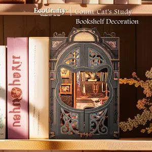 EcoCrafty Count Cat's Study DIY Dollhouse Booknook Bookshelf Insert Decor with LED Light Unfinished Wood Premium Quality Assembly Fun for Kids & Seniors