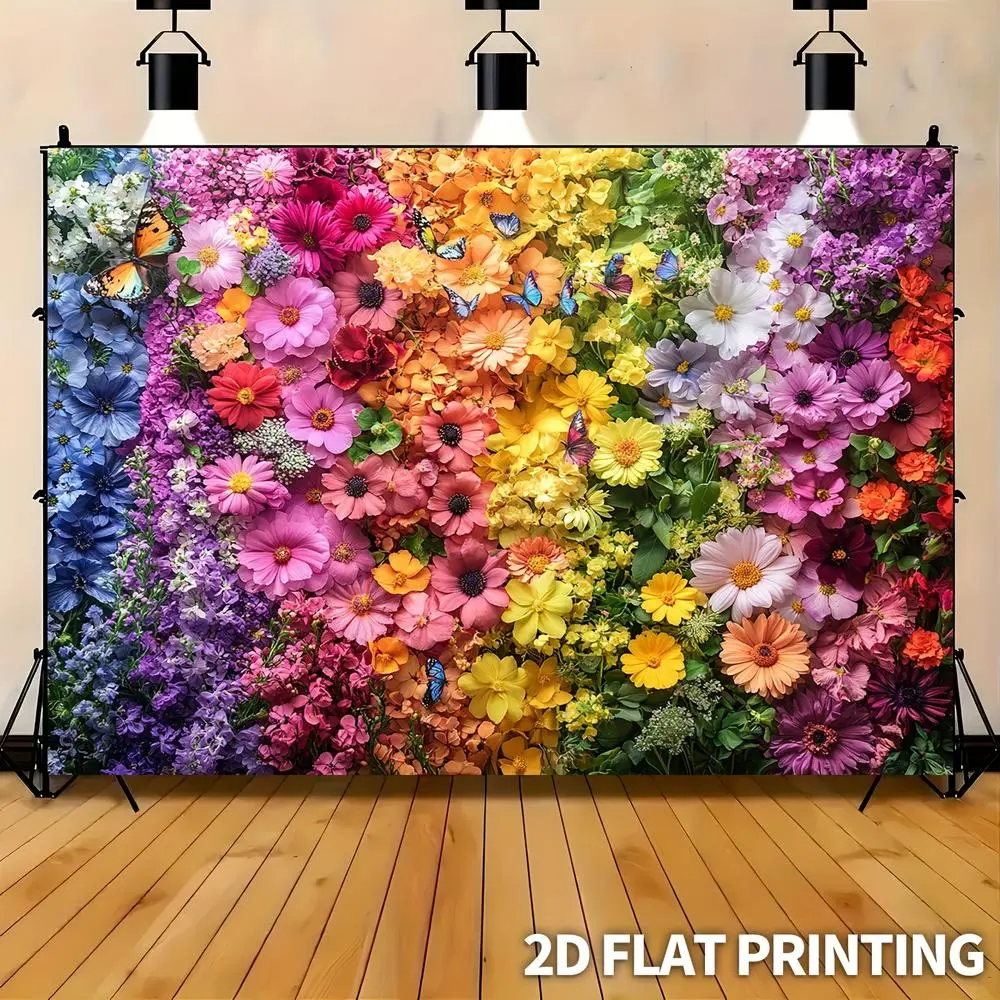 1PC 2D Flat Polyester Rainbow Flower-Butterfly Photo Backdrop Banner, Dual-Use Birthday-Themed Festive Backdrops & Banners for Photography & Decoration, Ideal for Birthday Parties & Studios