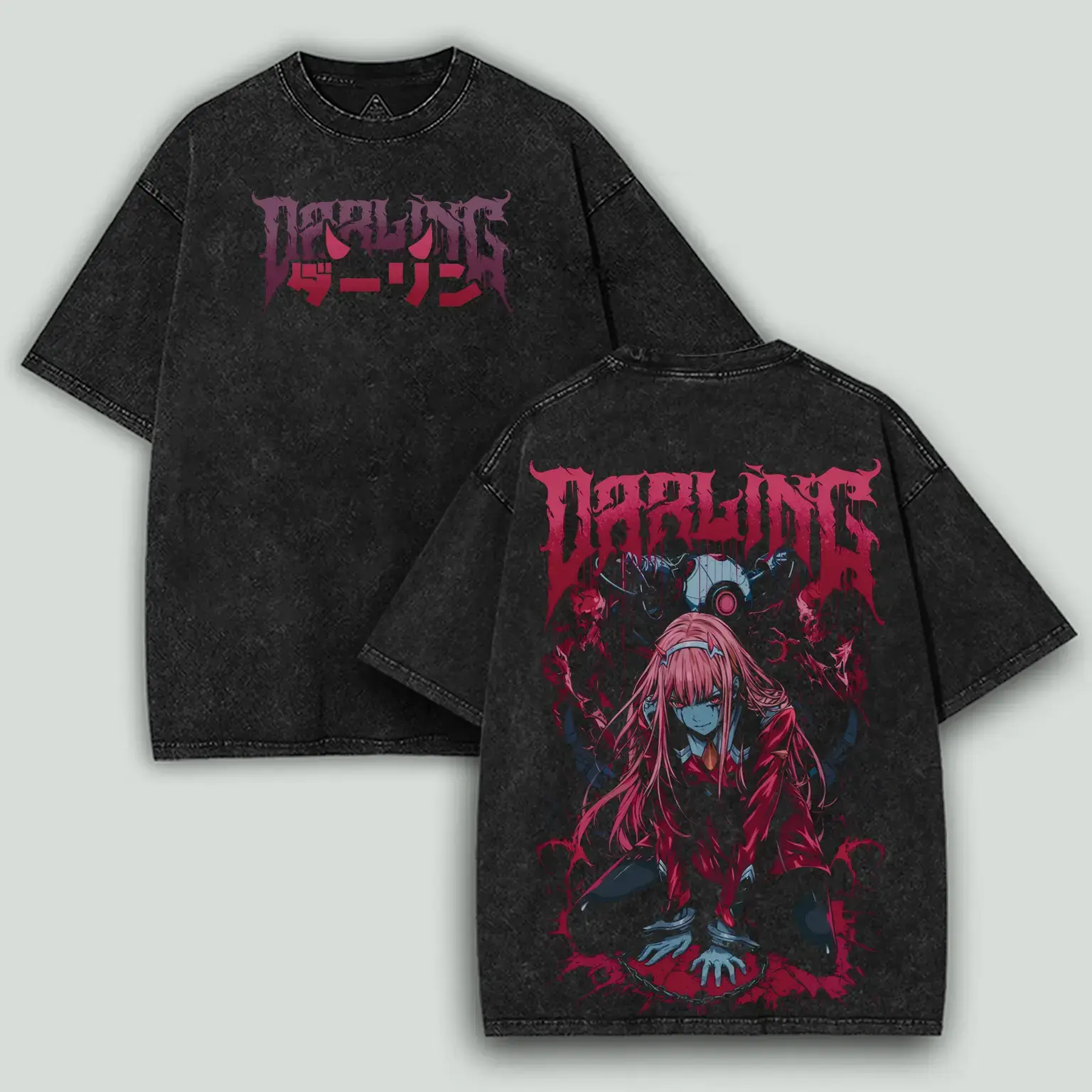Gothic Retro Heavy Zero Two Unisex couple T-shirt - Darling in the Franxx Tshirt Wash – Oversize Unisex Cotton Double Printed Gift For Anime Fan