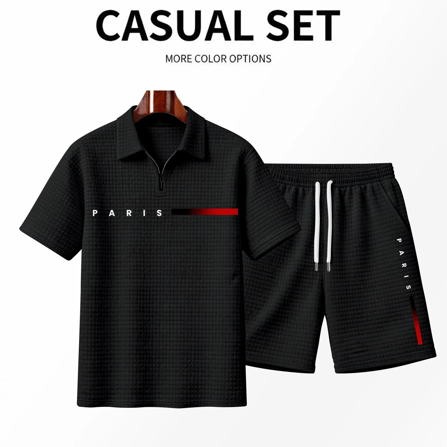 Men's 2-Piece Cotton-Polyester Fabric Casual Paris Print Gradient Stripe Zip-Up Shortsleeve Polo Shirt & Shorts Set - Solid Textured, Breathable, Comfortable, Classic Zip Collar, Mensfashion Clothes, Polo Shirt And Shorts & Top Sets, Matching Cotton Short