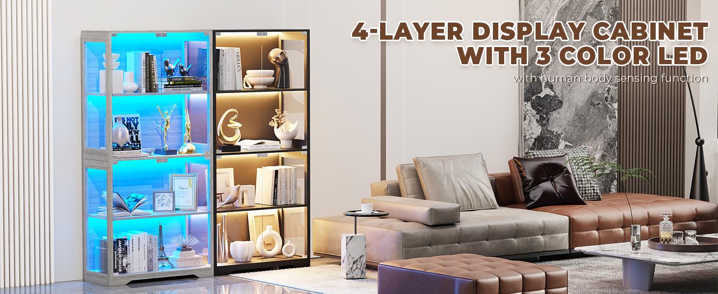 MIIFUNY Display Cabinet with Glass Doors, Storage Cabinet with 3 Color Light, 4-Tier Curio Cabinet&Bookcase for Collectibles, Toys, Books, for Playroom, Bedroom, Study Room, Black