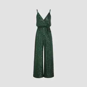 Cider Women's Sequin V-neck Solid Belted Wide Leg Jumpsuit (Sizes 2-26)