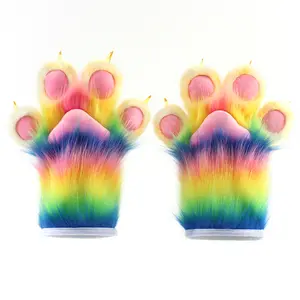 Rainbow Furry Paw Gloves with Built-in Sounds - Soft Plush Cat Paw Costume Accessory for Plush Animal Cat Paw Role Play Accessories for Halloween and Parties