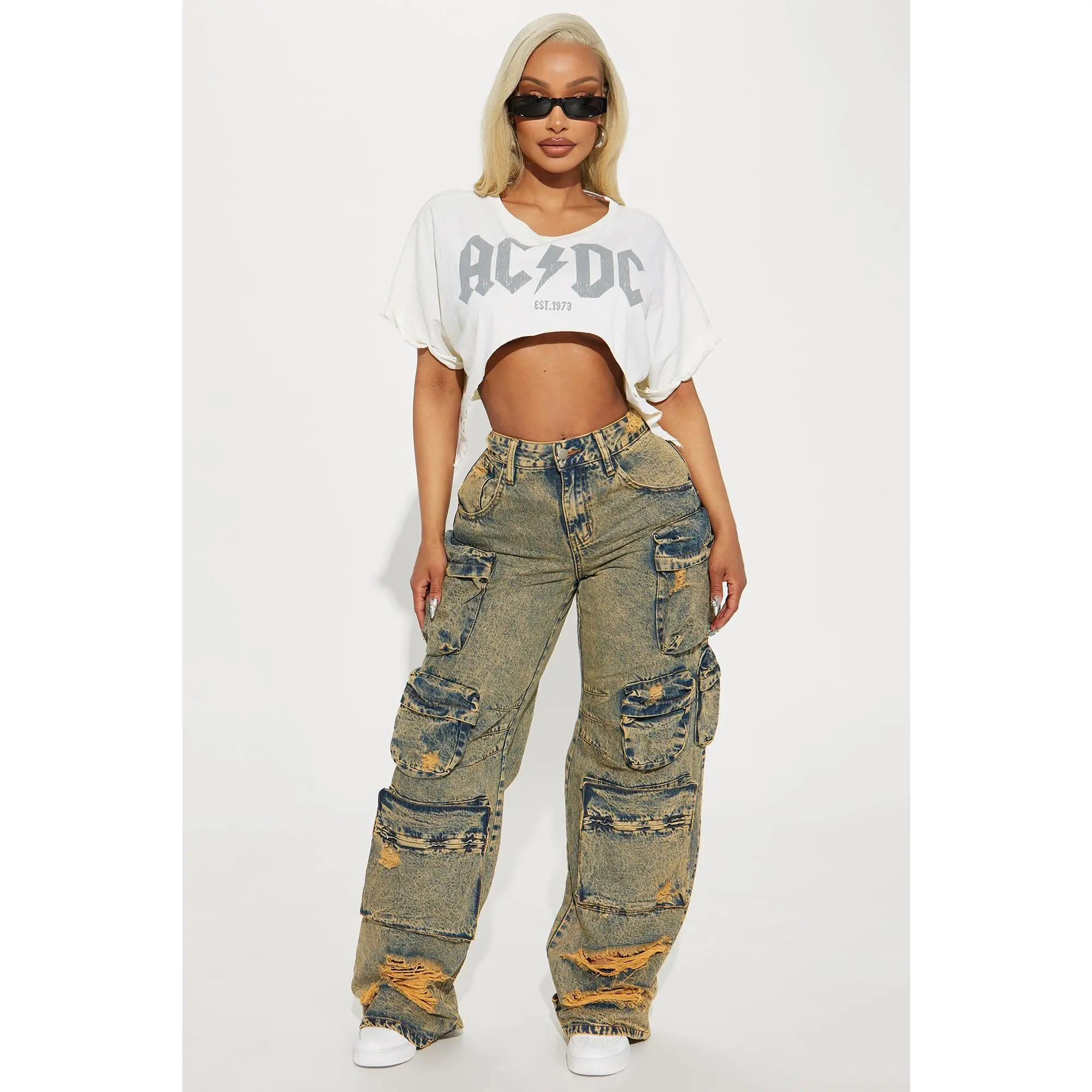 Nikki Non Stretch Acid Wash Cargo Jeans - Vintage Wash