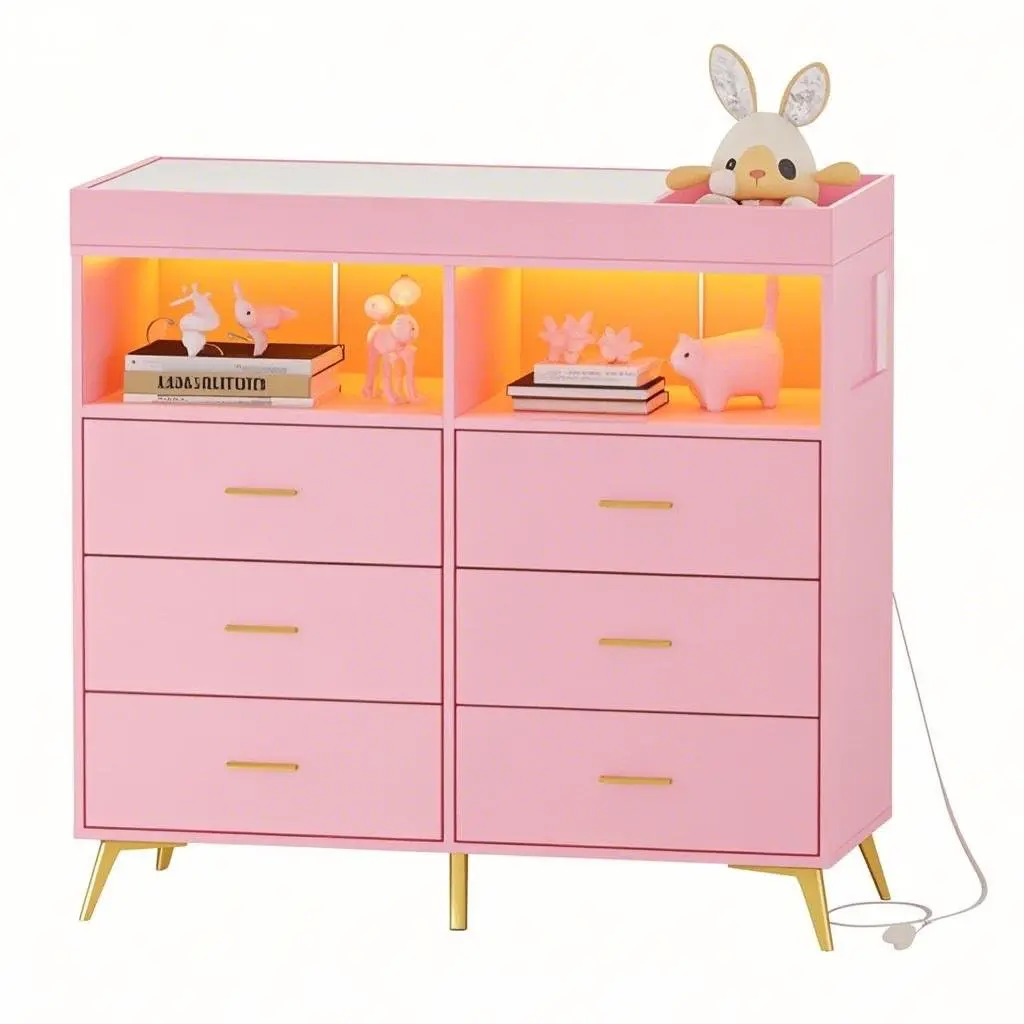 Garvee Baby Changing Dresser with 6 Drawers, Power Outlet, Modern Diaper Changing Station, Dresser for Nursery with 6 Drawers & Shelves, Wooden Storage Crib with Table
